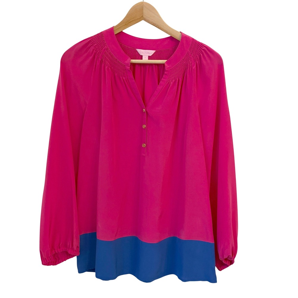 Lilly‎ Pulitzer Elsa Top Silk Blouse S Preppy Colorblock Pink Blue Office Work